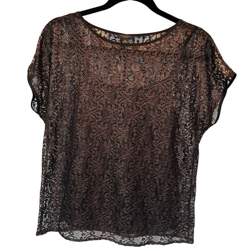 Black Metallic Lace Overlay Top Size S Petite Whimsigoth Party Mesh Goth Vamp - Picture 3 of 10