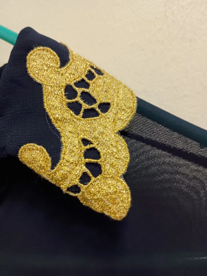 Blusa Top Mujer Gottex Años 80 Mediana Azul Marino Dorado Encaje Borde Transparente Manga Larga Foto 4 de 4