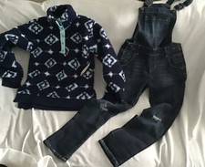 So Girls Sz10 Southwestern Pullover Fleece 1/4 Snap Top  Bib Denim Overalls 2pc