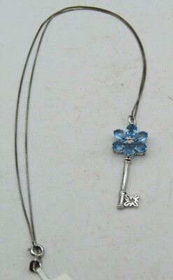 HÜBSCHER AQUA & KLARER KRISTALL 1,5'' SCHLÜSSELANHÄNGER & 17'' STERLINGSILBER KETTE .925 B1