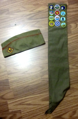 Vintage 1960's Boy Scout Merit Badge Sash with 12 Badges Plus Cap