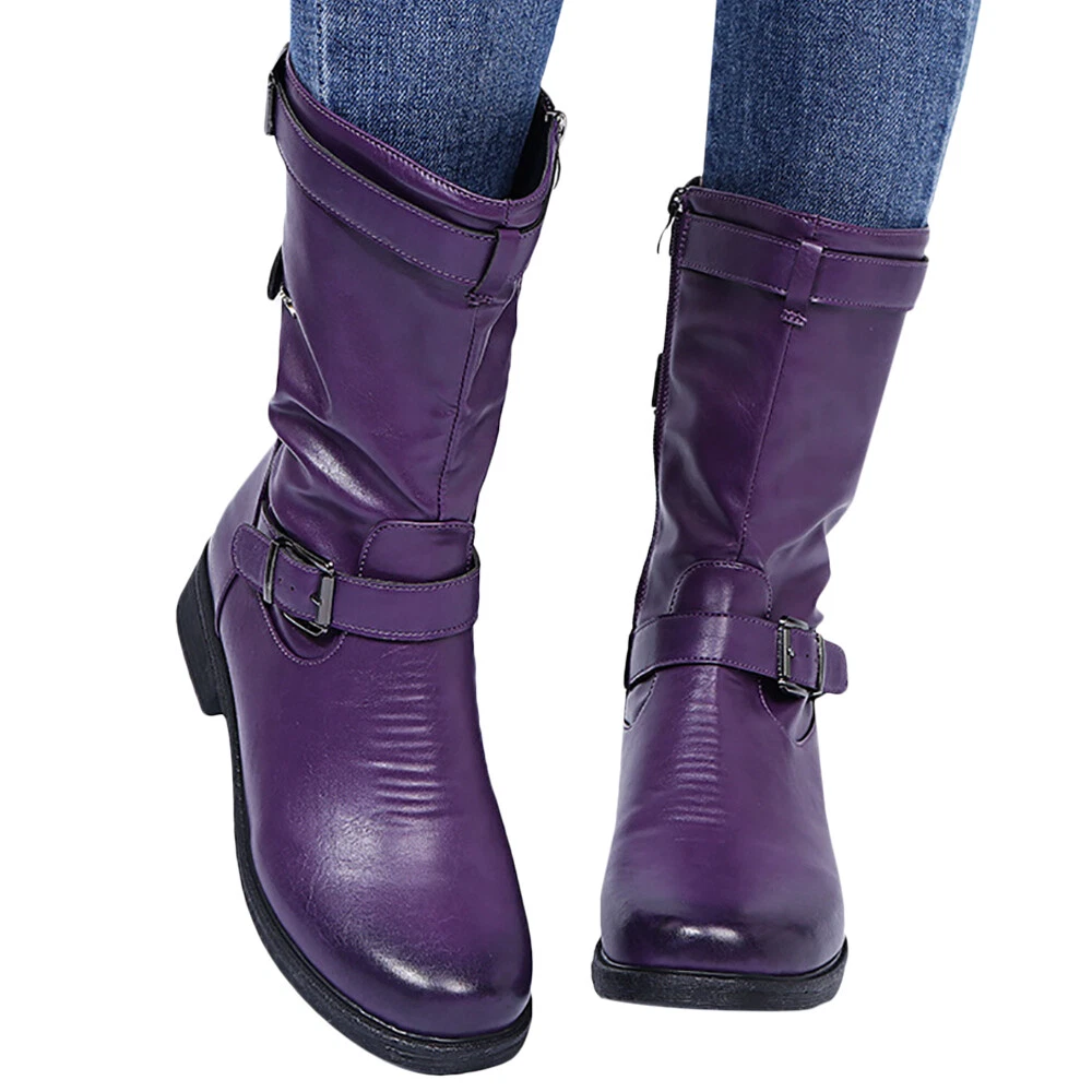Spring Women Side Zip Mid Calf Flat Boots Casual Buckle Strap Low Block Heels
