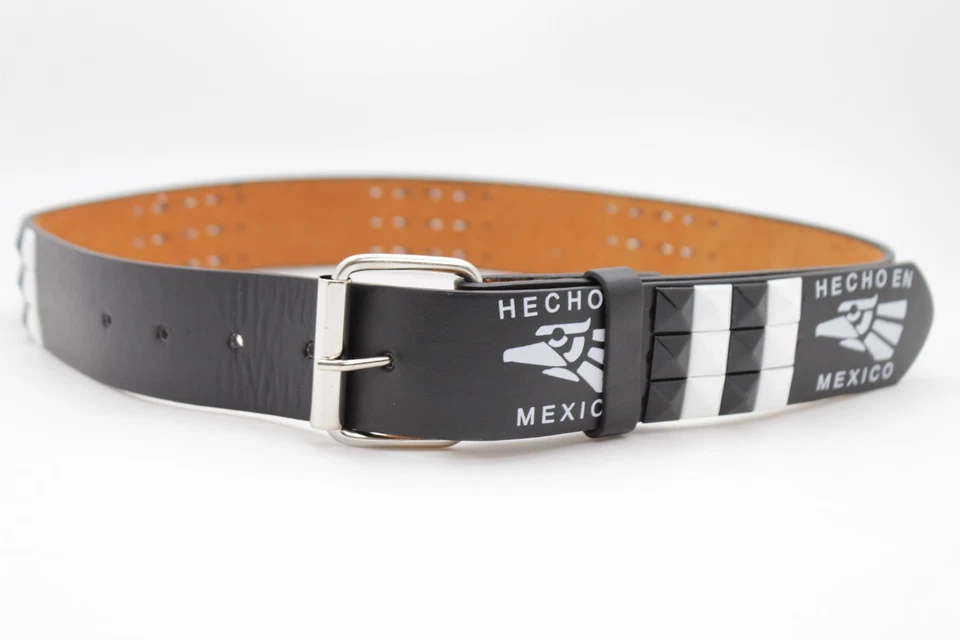 Women Men Hecho en Mexico Black Faux Leather White Pyramid Studded Belt XL - Изображение 3 из 4