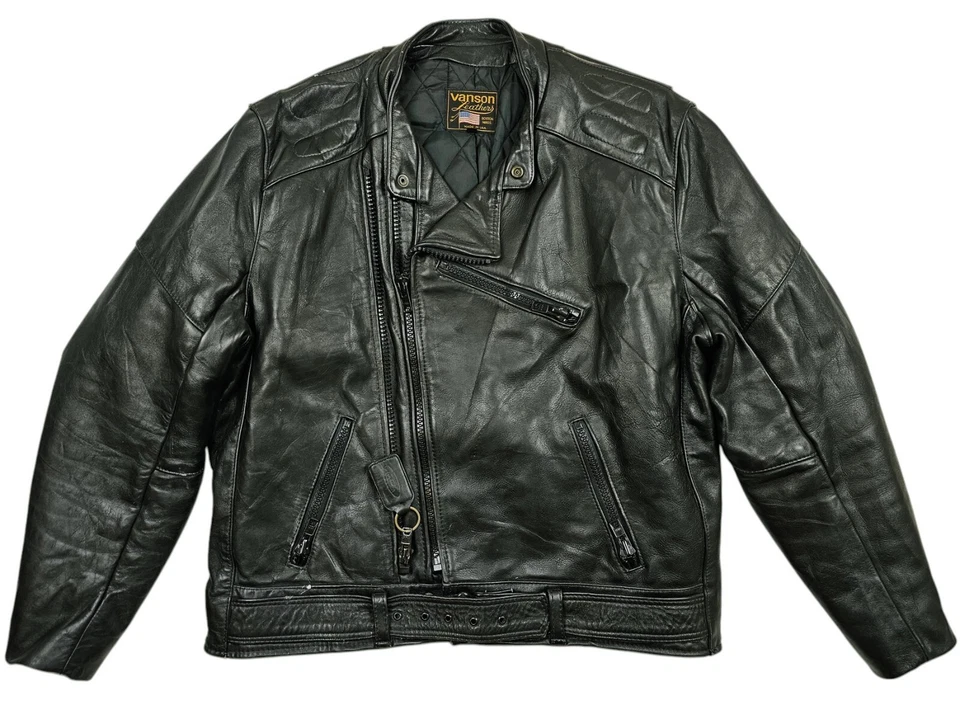HOT USA Men's VANSON BIKER MOTORCYCLE SLIM BELTED GENUINE LEATHER Jacket 48 L-XL - Image 2 of 4