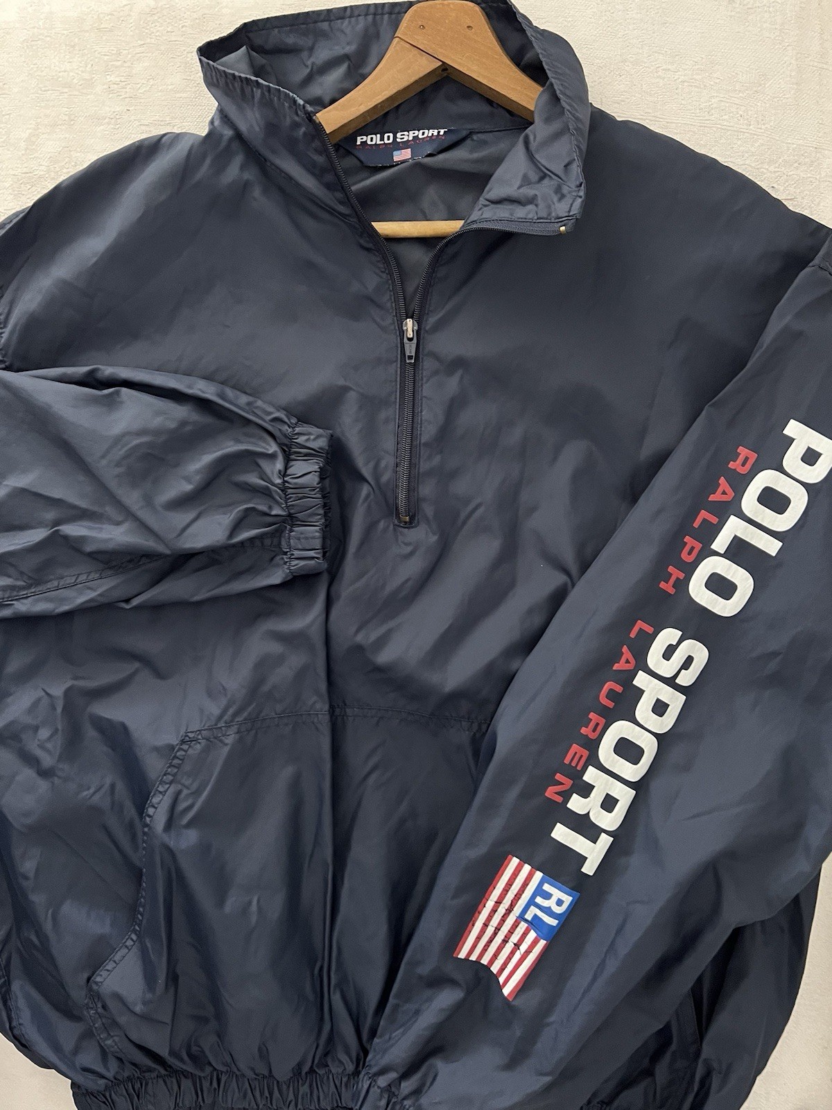 VTG Ralph Lauren Polo Sport Spellout Flag Blue Jacket Pullover Mens XXL 31” PTP