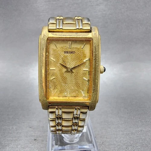 Seiko Tank Watch Men 25mm Champagne Dial Gold Tone V701-5e49 New Battery