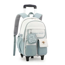 Color-blocking Rolling Backpack for Girls,Kawaii School Bag with Wheels,Troll...