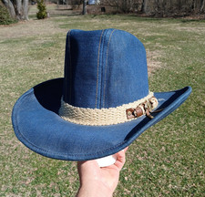 True Vintage Men's Blue Jean Denim Cowboy Hat w/ Woven Horse Head Band - Size XL