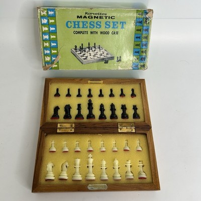 Vintage Korvettes Magnetic Travel Chess Set Folding Wood & Metal Case 60s 70s