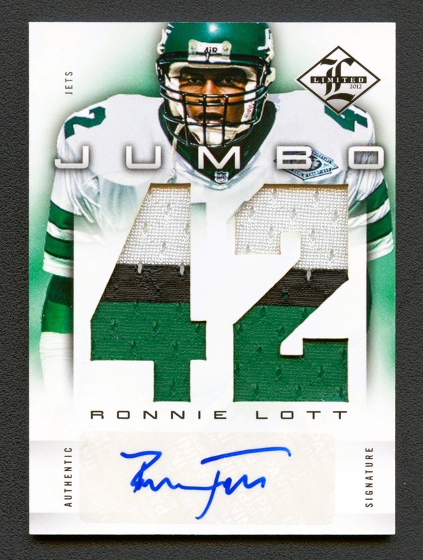 RONNIE LOTT 2012 LIMITED JUMBO NEW YORK JETS PATCH AUTO AUTOGRAPH #4/5 GAME-USED