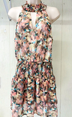 Tart Multicolor Floral Chiffon Halter Smocked Waist Lined Mini Dress Small