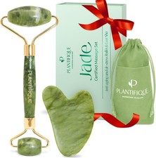 PLANTIFIQUE Jade Roller  Gua Sha Set   Real Jade Facial Tools for Skin Care Rou