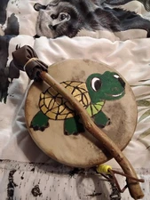 Native American Child's Traditional Deerskin Little Turtle hand drum w/ stick 