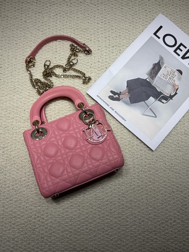Dior Lady Dior Mini Pink Leather Cannage Bag Gold Hardware Authentic