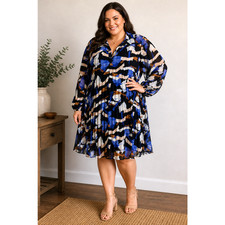 Nine West Long Sleeve Pleated Chiffon Print Swing Dress V-Neck Womens sz 2X