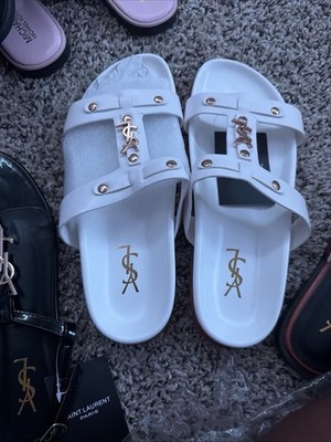 Saint Laurent Women s White Slide Sandals Solid Logo Metal Straps Slip-On