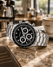 PARUSIO Mens Chronograph Black Dial Sapphire Stainless Steel Tachymeter Watch