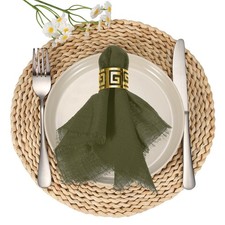 6Pcs Cotton Linen Napkins, 13 x 13 Inch Cloth Napkins Fringe, Olive Green