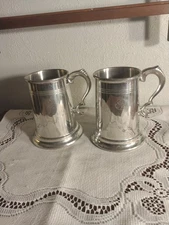 2 GE General Electric Pewter Tankards Mugs Logo Clear Bottom Josten England 5"H
