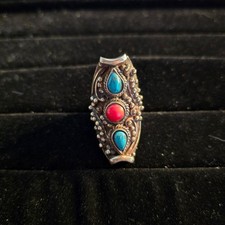 Vintage Tibetan Silver Ring with Turquoise and Coral Stone