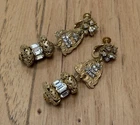 Vintage Signed Miriam Haskell Gold Tone Rhinestones Dangle Clip On Earrings