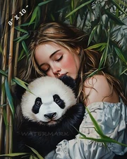 Girl with Panda Cub in Bamboo Grove - 8x10 Matte Print, Wildlife Nature Ar 