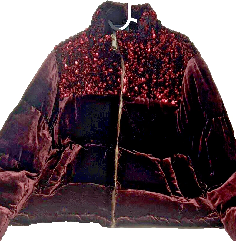 Chaqueta acolchada de terciopelo con lentejuelas Anthropologie Maeve Vera color vino talla pequeña Foto 4 de 4