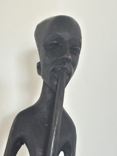 Tribal African Carved Black Wood Man drinking from gourd 15 1/4" tall skinny - Picture 2 of 5