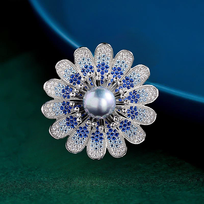 Elegante Broche Prendedor Flor Margarita Circonita Cúbica Púrpura/Azul Chapado en Oro Blanco Foto 2 de 3