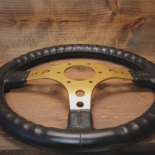 Vtg Dino Racing Steering Wheel Italy Nuova Raid Gold Tone Alloy & Black Leather - Imagen 5 de 21
