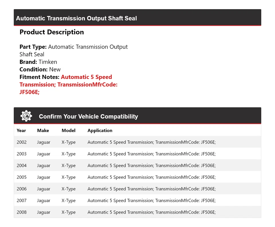 Sello de eje de salida de transmisión automática Timken 2003 para Jaguar X-Type 2002-2008 Foto 2 de 4