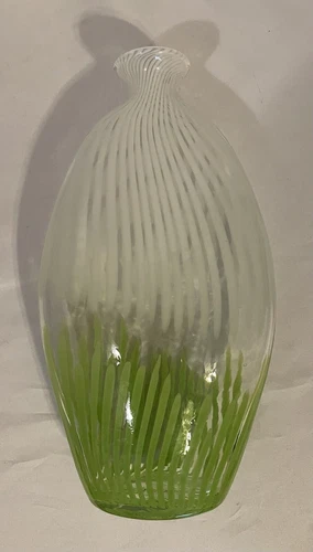 Designer Murano Dino Martens Mezza Filigrana Style Green White Stripe Glass Vase
