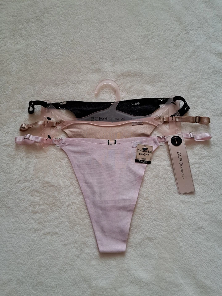 BCBGeneration 3 Pack Shimmer Bright Thong Panties Black Beige Pink Size L. - Image 4 of 4