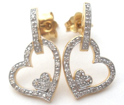 Heart Diamond Earrings 14K Gold Yellow & White Gold Signed DDB Pierced Dangle
