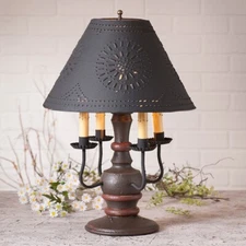 COLONIAL TABLE LAMP WITH PUNCHED TIN SHADE AMERICANA RED CANDELABRA LIGHTING