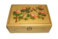 1940s WOOD TOLEWARE HAND PAINTED DRESSER JEWELRY BOX HANDMADE SPONGED INTERIOR