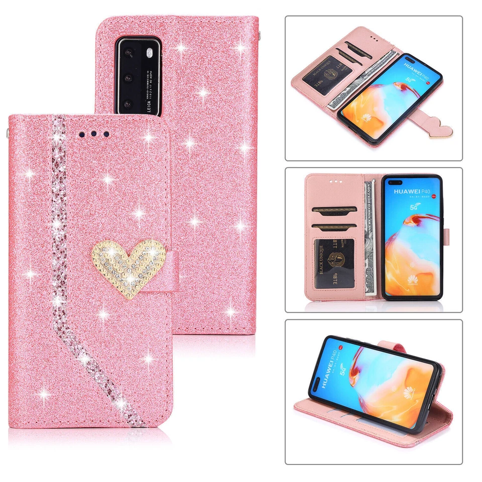 Funda de teléfono tipo billetera con diamantes brillantes para Huawei P40 P30 P20 P9 Lite Mate 20 Foto 3 de 4