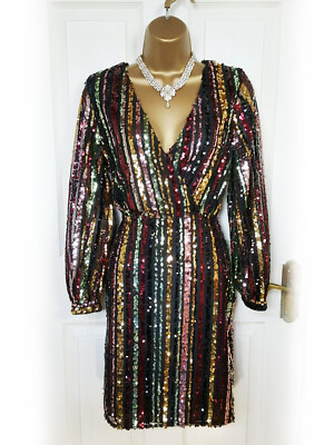 F&F Multicoloured Sequin Embellished False Wrap Dress, size