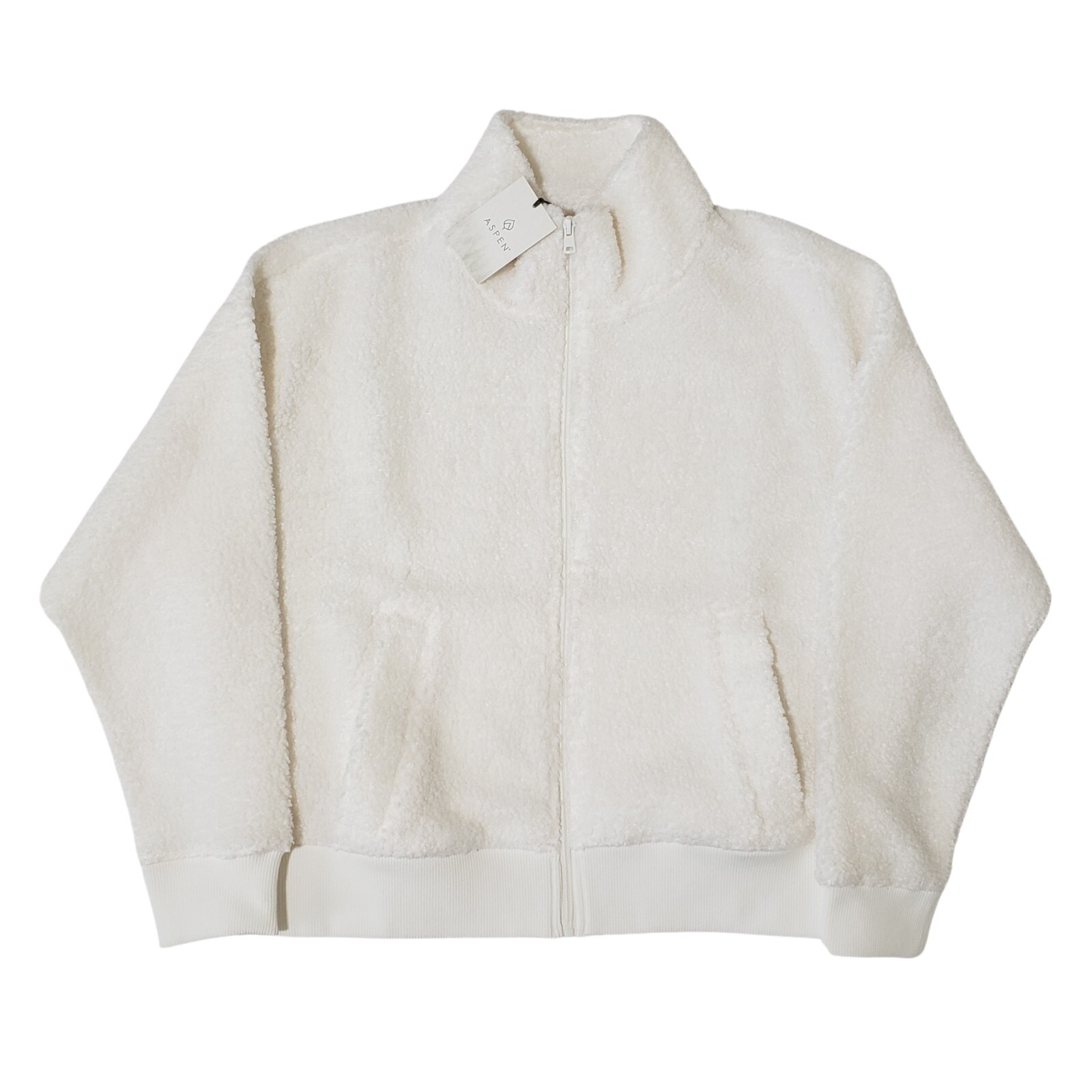 Women's Large White Aspen Fleece Bomber Jacket Cozy Zip-Up NWT