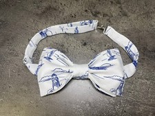 Custom Mens White Blue Nautical Linen Bow Tie Pre-tied Adjustable Handmade