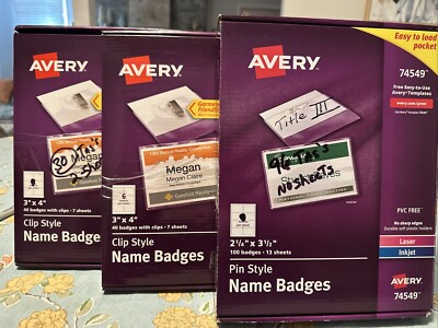 Avery Name Badges 70-clip On. 96- Pin On. Only 9 Sheets For Names. 166 Total