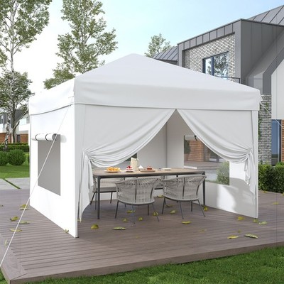 Garvee 10x10 Pop Up Canopy Tent W/ 4 Sidewalls Adjustable Height Sandbags White