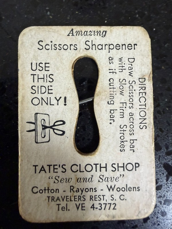 VINTAGE STORE GIVE AWAY PAPER SCISSORS SHARPENER TATE'S CLOTH SHOP, SO. CAROLINA