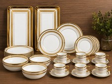 24 Piece Gold Rim Porcelain Dinner Set Plates Bowls Cups Saucers Serving Trays