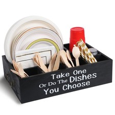 Large Wood Paper Plate Holder Utensil Caddy Organizer Countertop Party Picnic
