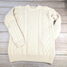IrelandsEye Dublin 100 Virgin Wool Cable Knit Aran Sweater Cream White Large