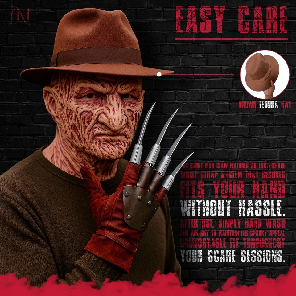 Freddy Krueger Claw Glove & Brown Fedora Hat Set for Adult Halloween Costume - Image 3 of 4
