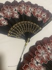 Pair Folding Hand Fans Black Red/White Floral, Gold Accents, Plastic Tassels — photo 4