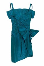 Victor Costa Vintage Teal Taffeta Ruched Bow Dress Asymmetrical Tulip Hem