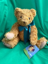 Vermont Teddy Bear 15" Classic Brown Shaggy Plush Jointed Teal Blue Bow Tie Tag